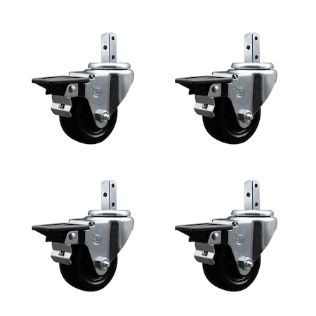 Service Caster 3'' Hard Rubber Wheel Swivel 7/8'' Square Stem Caster Set with Brake, 4PK SCC-SQ20S314-HRS-PLB-78-4